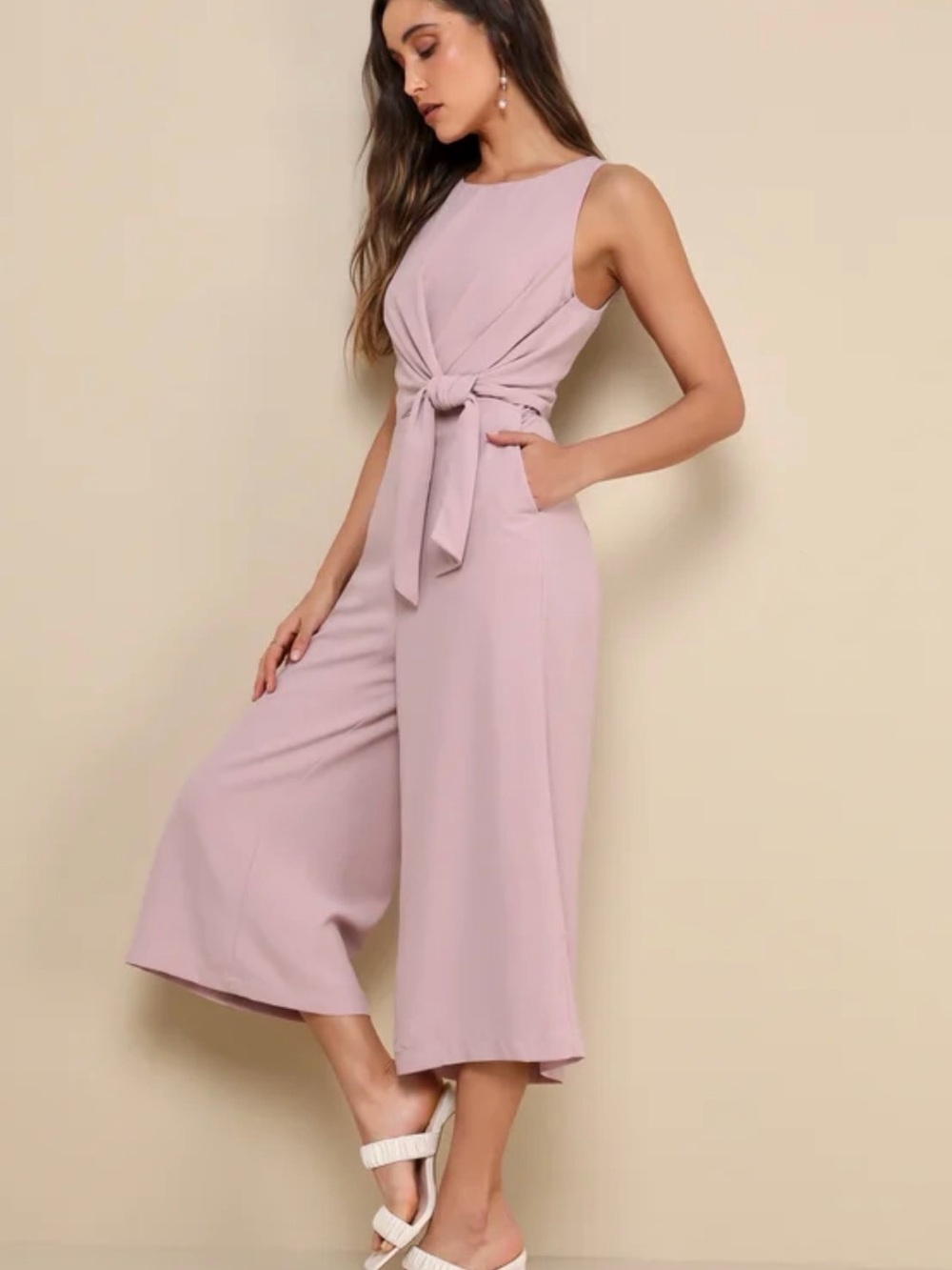 Lulu's Sleeveless Tie-Front Wide-Leg Midi Jumpsuit in Pale Mauve
